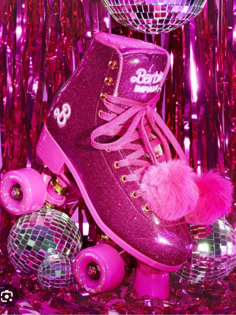 Barbie Glitter Hot Pink Roller Skates with Pom Pom Accents